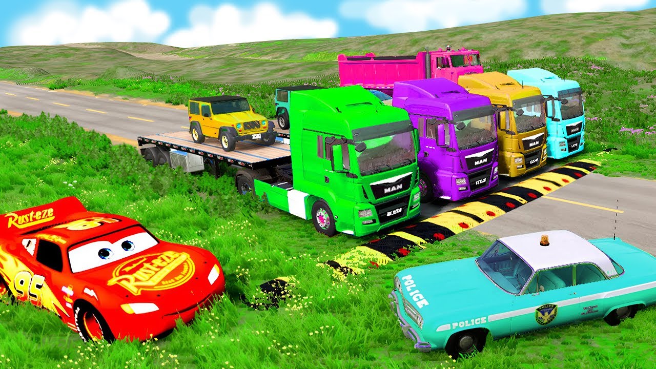 Flatbed Truck McQueen | Перевозка на грузовике — Выбоина против машины №23 | Геймплей BeamNG.Drive