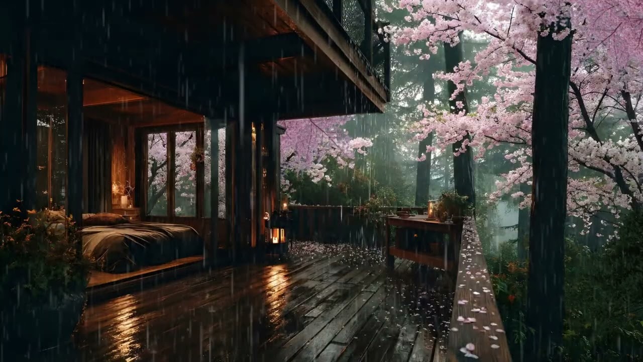 Spring Rain in a Cozy Forest Cabin Bedroom 🌸🌧 | Cherry Blossoms & Night Ambience for Deep Sleep