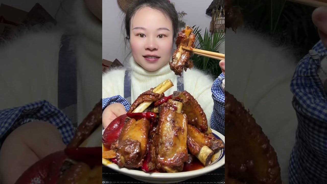 Yummy Spicy Food Mukbang | Eating Fried Pork Ribs With Bacon and Green Vegetables #asmr #food 