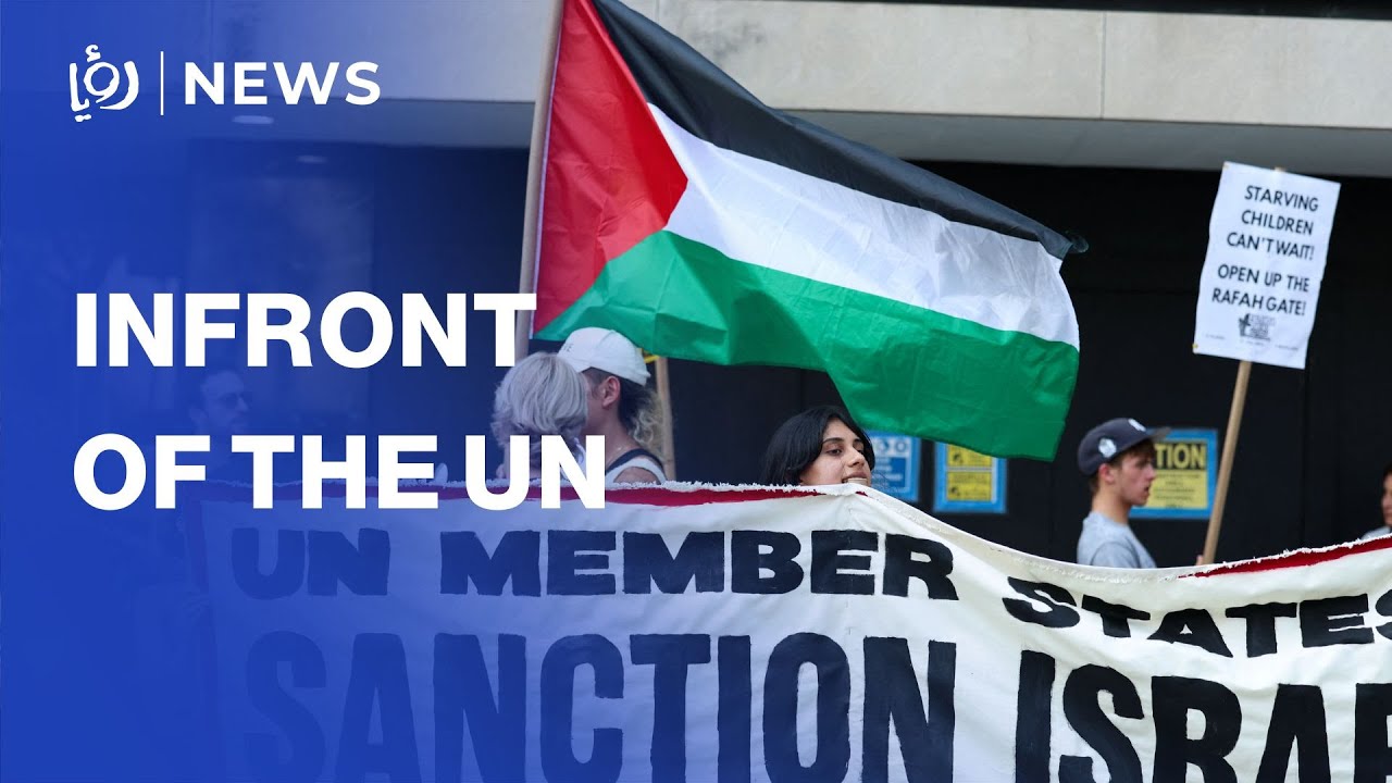 Pro Palestinian protesters gather in front of UN headquarters