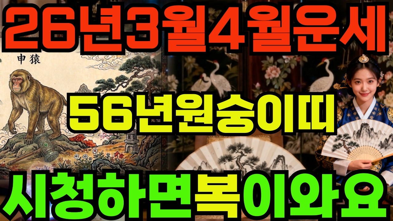 [56년원숭이띠26년3월,4월운세]시청하면복이오는1956년병신생원숭이띠26년3월,4월운세
