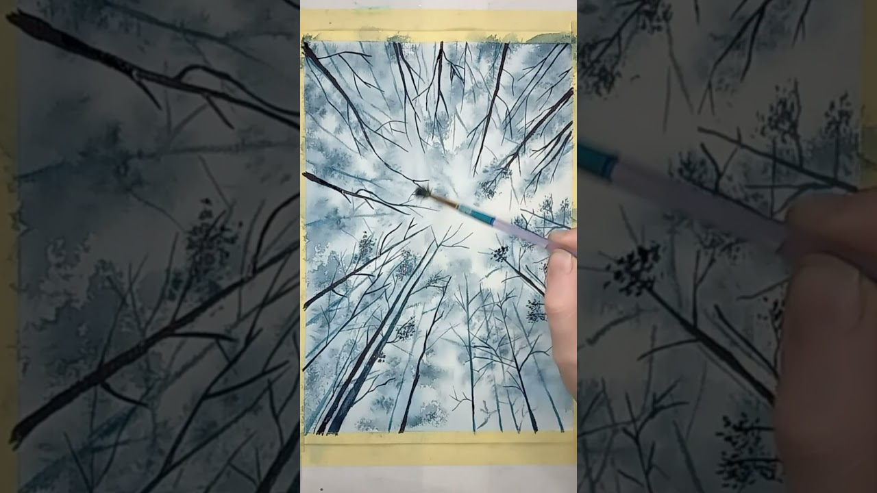 Timelapse Foggy blue forest in watercolor #painting #landscape