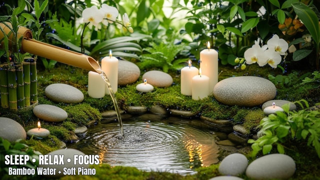 Insomnia Relief: Bamboo Fountain Sounds + Gentle Piano (No Talking) • Live Soundscape
