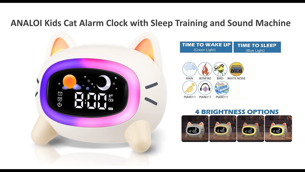 Kids Cat Alarm Clock with Sleep Training and Sound Machine