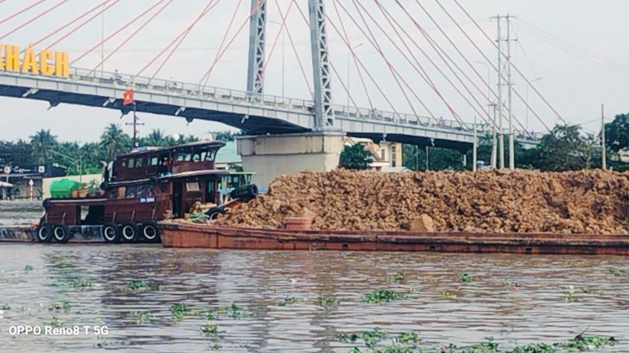 Tàu Đầu Kéo Xuyên Qua Cầu Dây Chợ Gạo,Miền Tây.