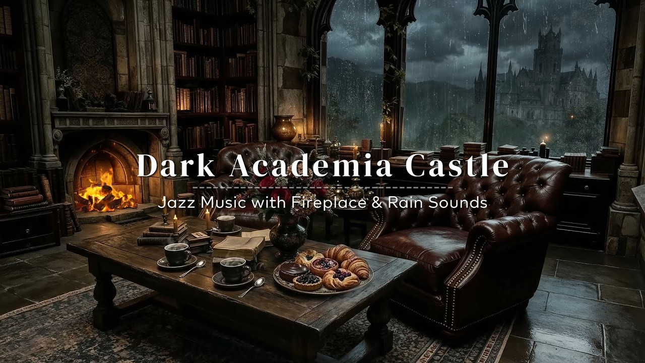Cozy Jazz Piano in a Dark Academia Ambience | Jazz Relaxing Music with Fireplace & Rain Sounds