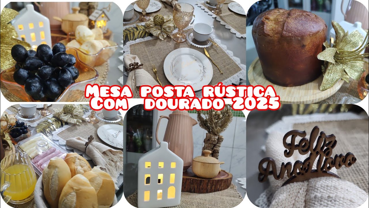 MESA POSTA RUSTICA COM DOURADO DE ANO NOVO 2025 CAFÉ DA TARDE!