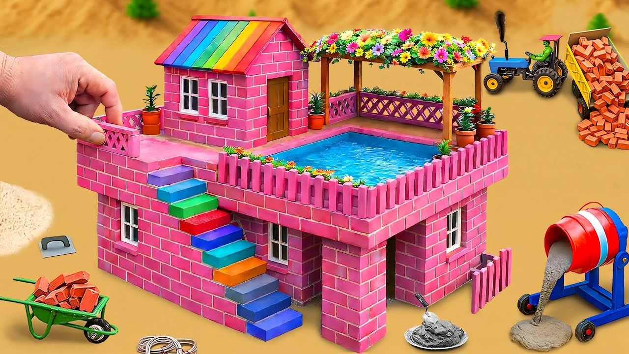 Tractor Builds Pink Brick House with Rooftop Mini Pool | Top Creative Mini Truck Science Project
