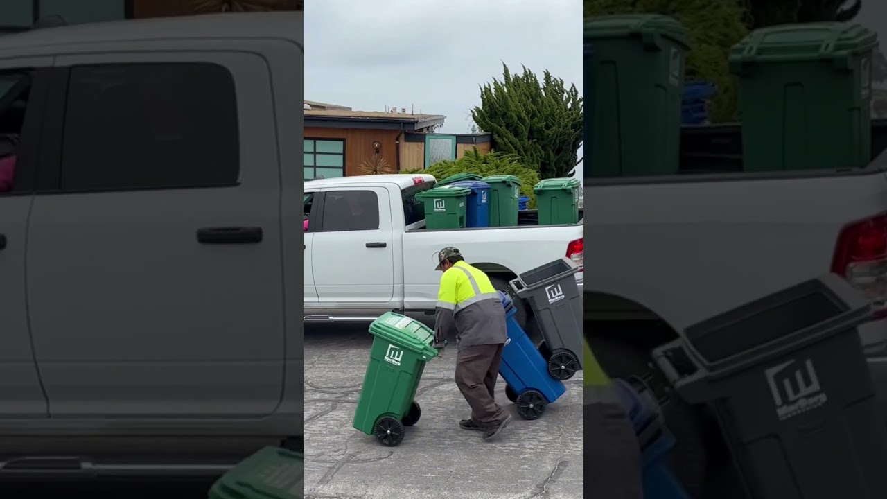 How to roll 3 garbage cans at once #garbagecan #garbagetruck