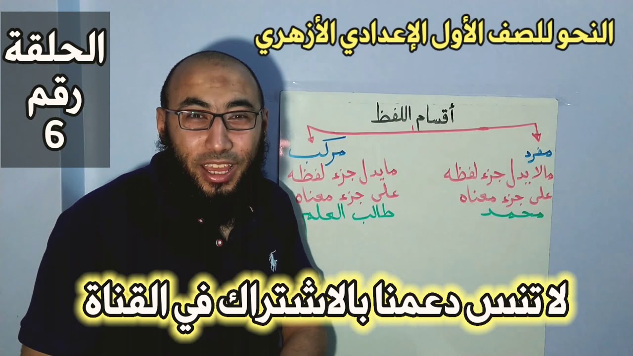 6 - دروس في شرح مادة النحو للصف الأول الإعدادي أزهر ( أقسام اللفظ / أولا المفرد)، أ / إسلام الجنايني