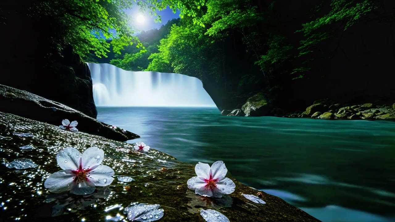Moonlit Sakura Waterfall — Peaceful Night Nature Ambience for Deep Sleep & Relaxation