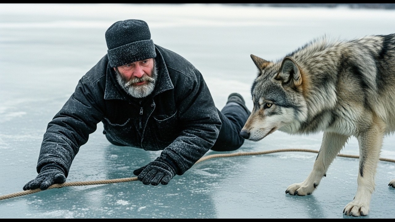Un lobo atrapado en un lago congelado… un hombre arriesgó su vida sin saber lo que ocurriría después