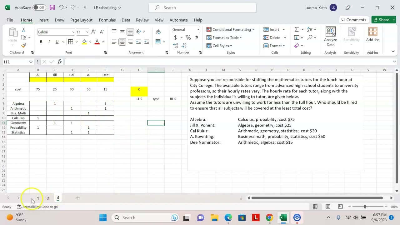 LP Scheduling Problem in Excel