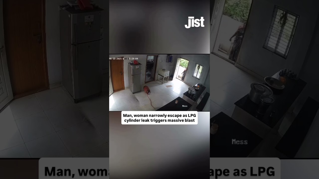 CCTV video shows pair narrowly surviving a massive blaze triggered by an LPG gas leak in a house.