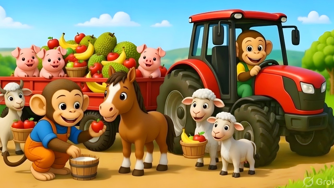 🐒 Monkey Farmer Fixes Tractor and Cutting Crop🌾 in Field - Farm Work | Funny Monkey Kids
