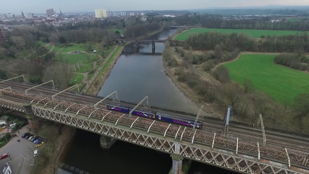 Preston River Ribble Train Station Aerial Footage