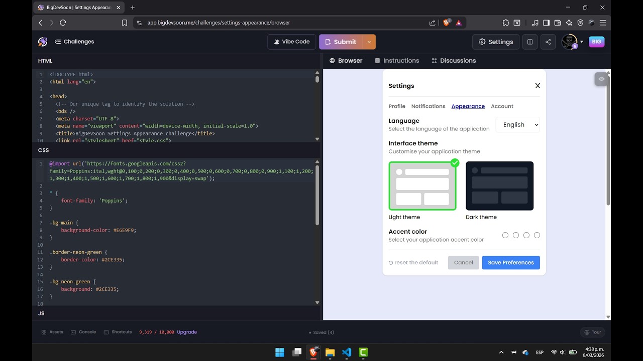 Solución al Reto Settings Apareance | BigDevSoon | Desarrollo Front end