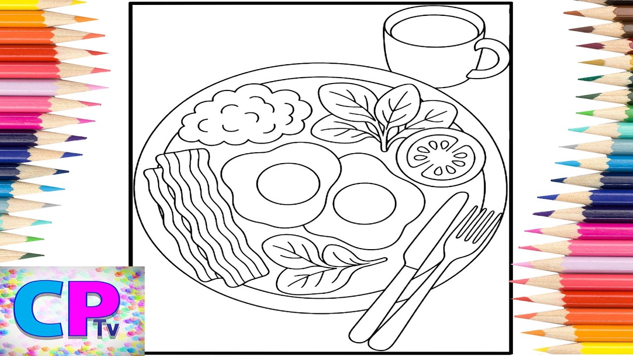 Breakfast with Fried Eggs and Tomatoes on the Side and Coffee/Art Therapy/Coloring Hobby