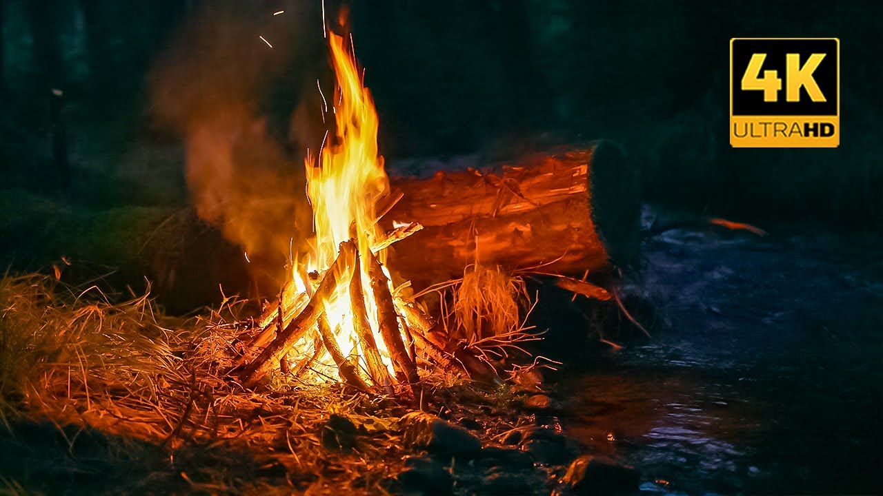 4K 📺 Ночной костер у лесного ручья 🔥 Естественные звуки - без ИИ