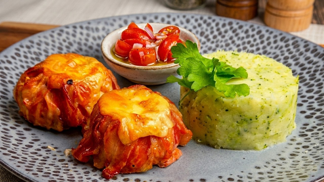 So Delicious! Pancetta-Wrapped Chicken Baskets with Potato-Broccoli Mash