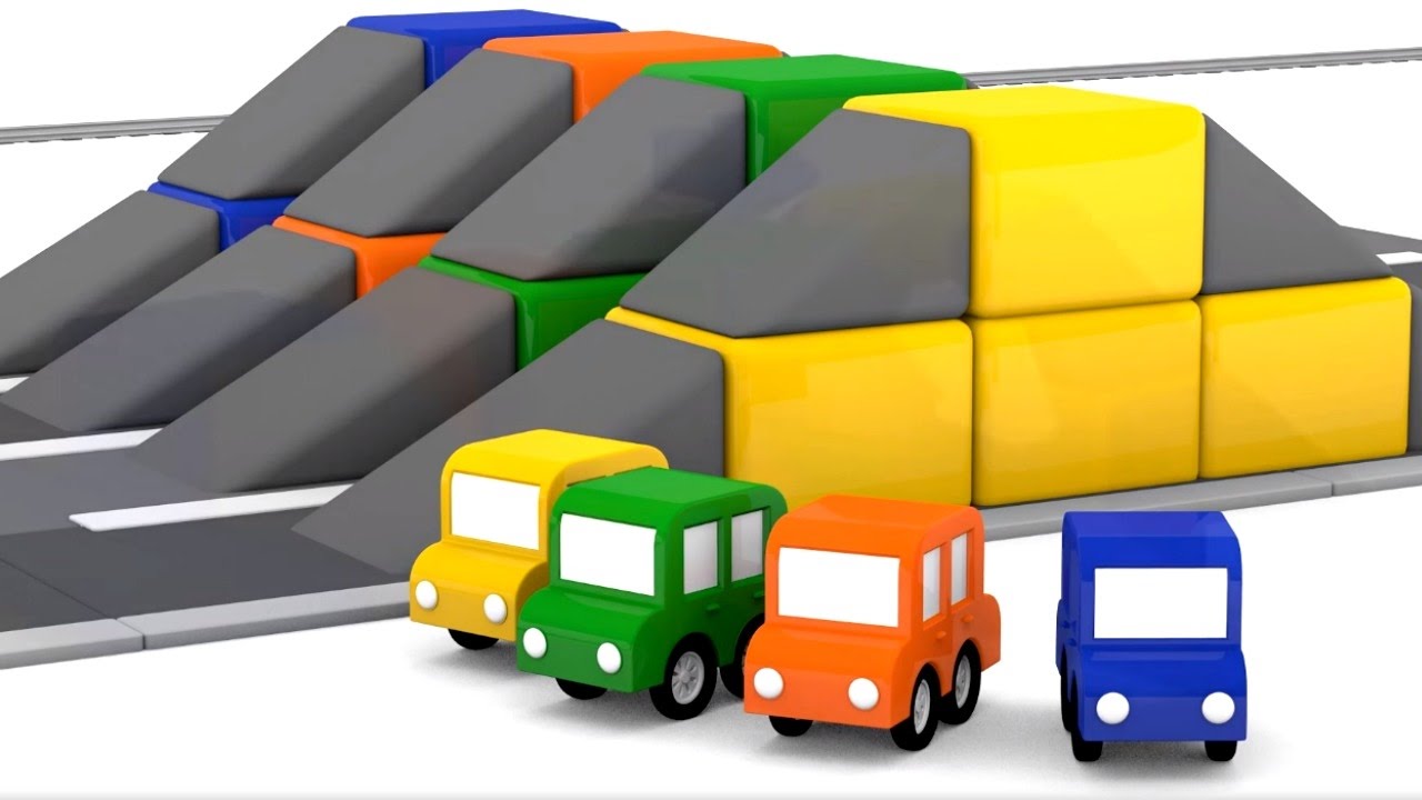 4 carros coloridos. Desenhos animados para crian&ccedil;as. - Corrida de obst&aacute;culos.