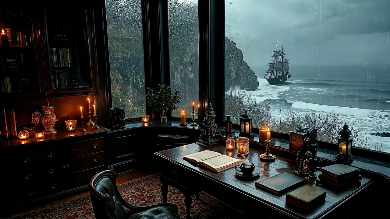 Candlelit Study Overlooking a Stormy Ocean | Dark Academia for Reading & Focus | Melancholic Piano