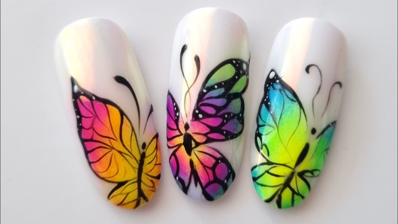 Neon ombre butterfly's nail art with Angel Mirror Chrome Powder. 🦋🦋🦋 Butterfly nails