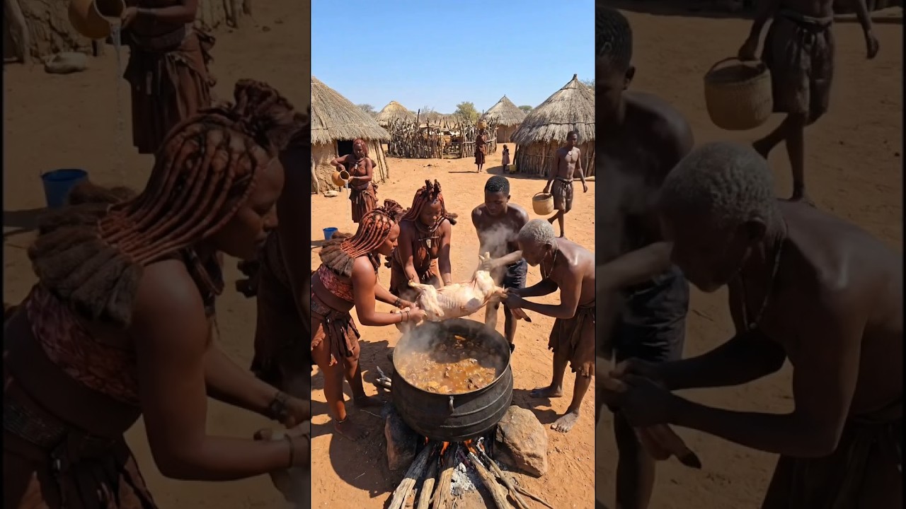 Himba tribal feast: cooking a whole goat in a giant pot.🐐🍲 #tribalcooking #tribalfood #shorts