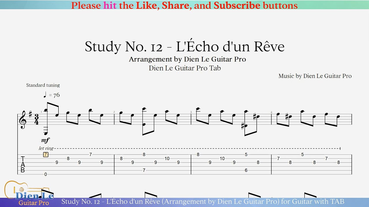 Study No. 12 - L'Écho d'un Rêve (Arrangement by Dien Le Guitar Pro) for Guitar with TAB