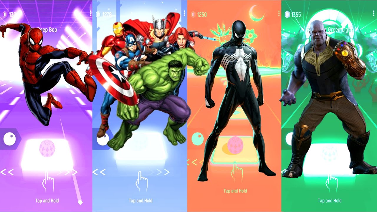 Spiderman 🆚 Avengers 🆚 Black Spiderman 🆚 Thanos | Marvel Heroes | Tiles Hop Fun Ball