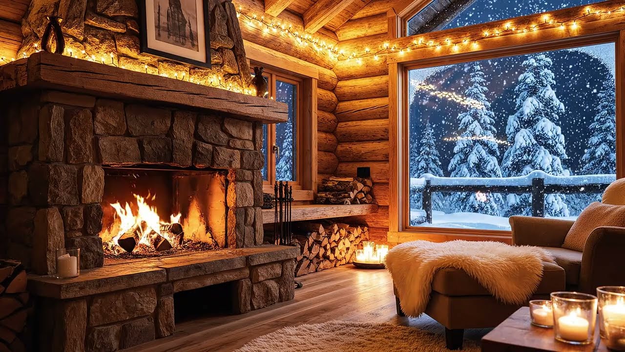 4k 1 Hour Cozy Winter Cabin - Relaxing Fireplace Sounds & Heavy Snowfall for Sleep, Study, Focus