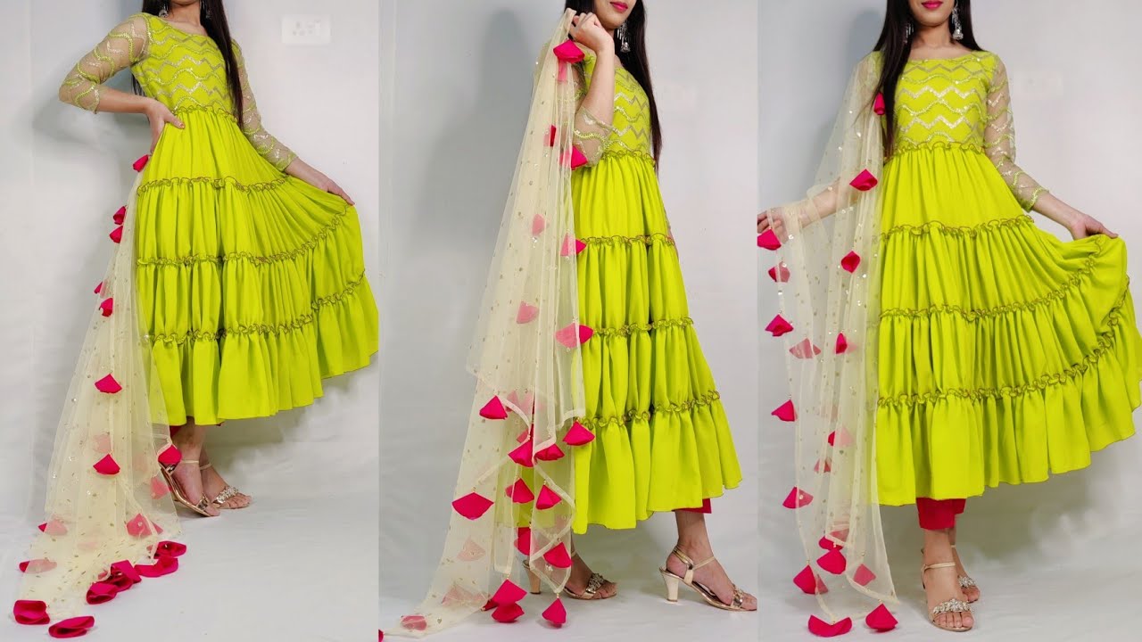 Frill/layered /frock cutting and stitching / party wear dress / umbrella frock cutting and stitching
