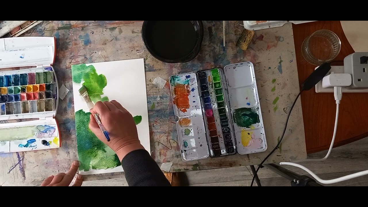 fond aquarellé pour pastels, semi abstrait,  sujet nature