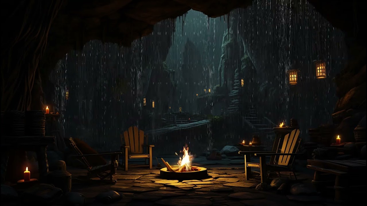 Cave Rainstorm with Thunder 🌙 Soothing Fire Sounds for Inner Calm and Restorative Sleep