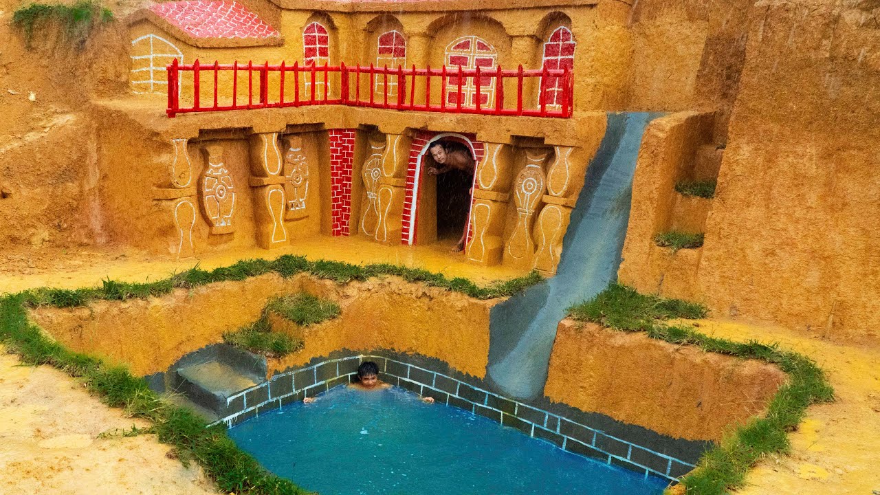 Building Underground Swimming Pool With Slide From Underground House During Heavy Rain