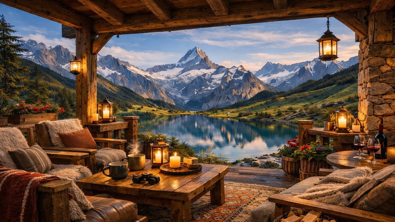 Sitting On An Alpine Cabin Porch | Gentle Lake Sounds & Mountain Bird Songs