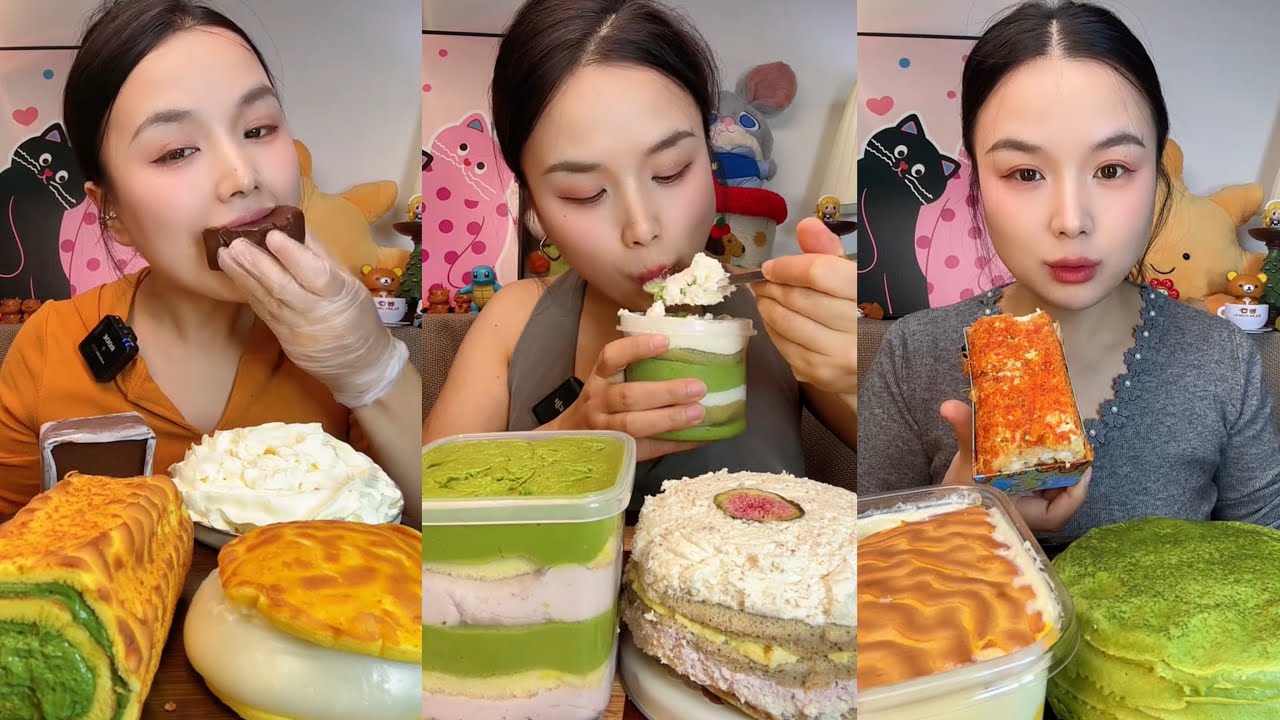 asm mukbang - soft and creamy cake, matcha flavour tigerskin cake, box cake
