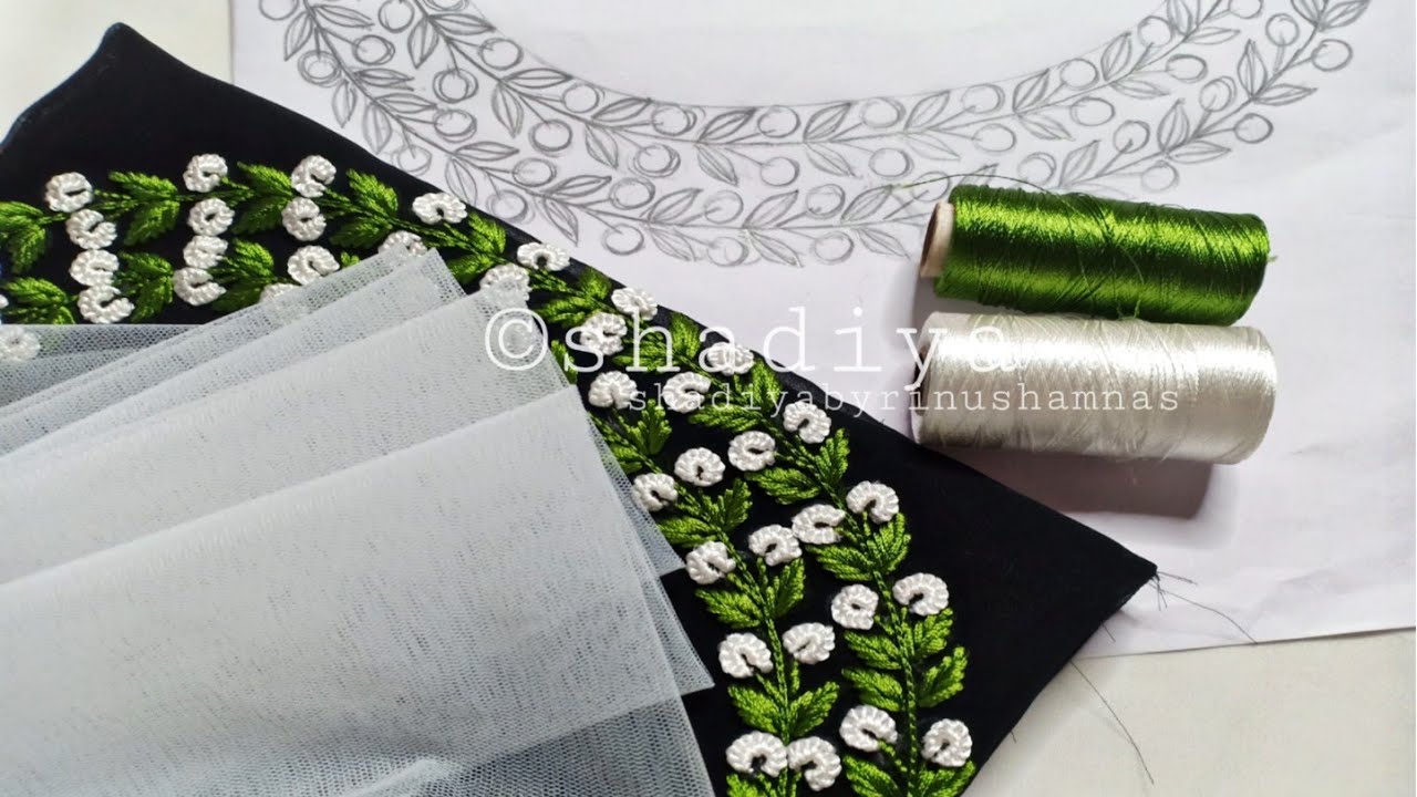 ബ്ലാക്ക്‌ &വൈറ്റ് black and white combination hand embroidery boat neckline design| embroidery neck