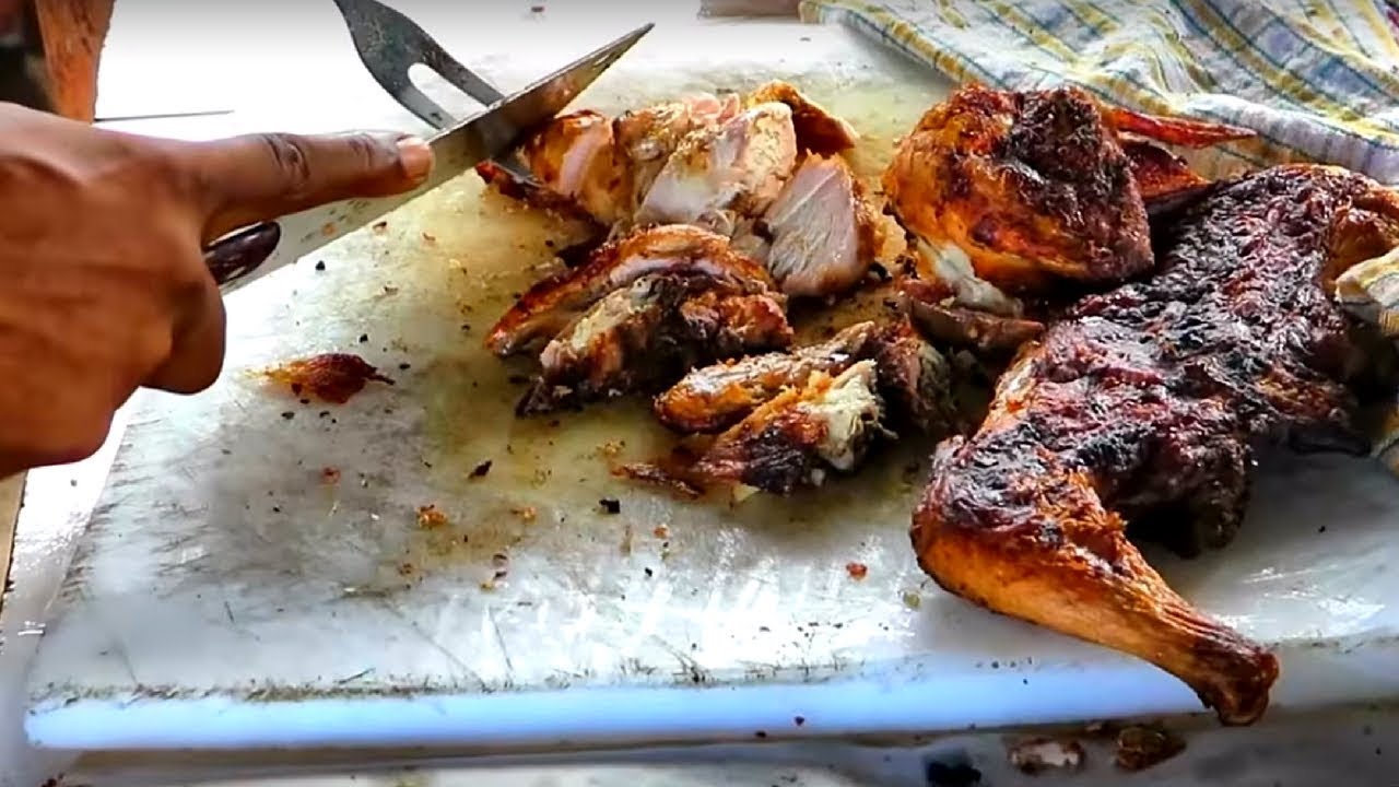Real Jerk Chicken Eaten in Jamaica. Street food Tasted in Boston Bay, Jamaica