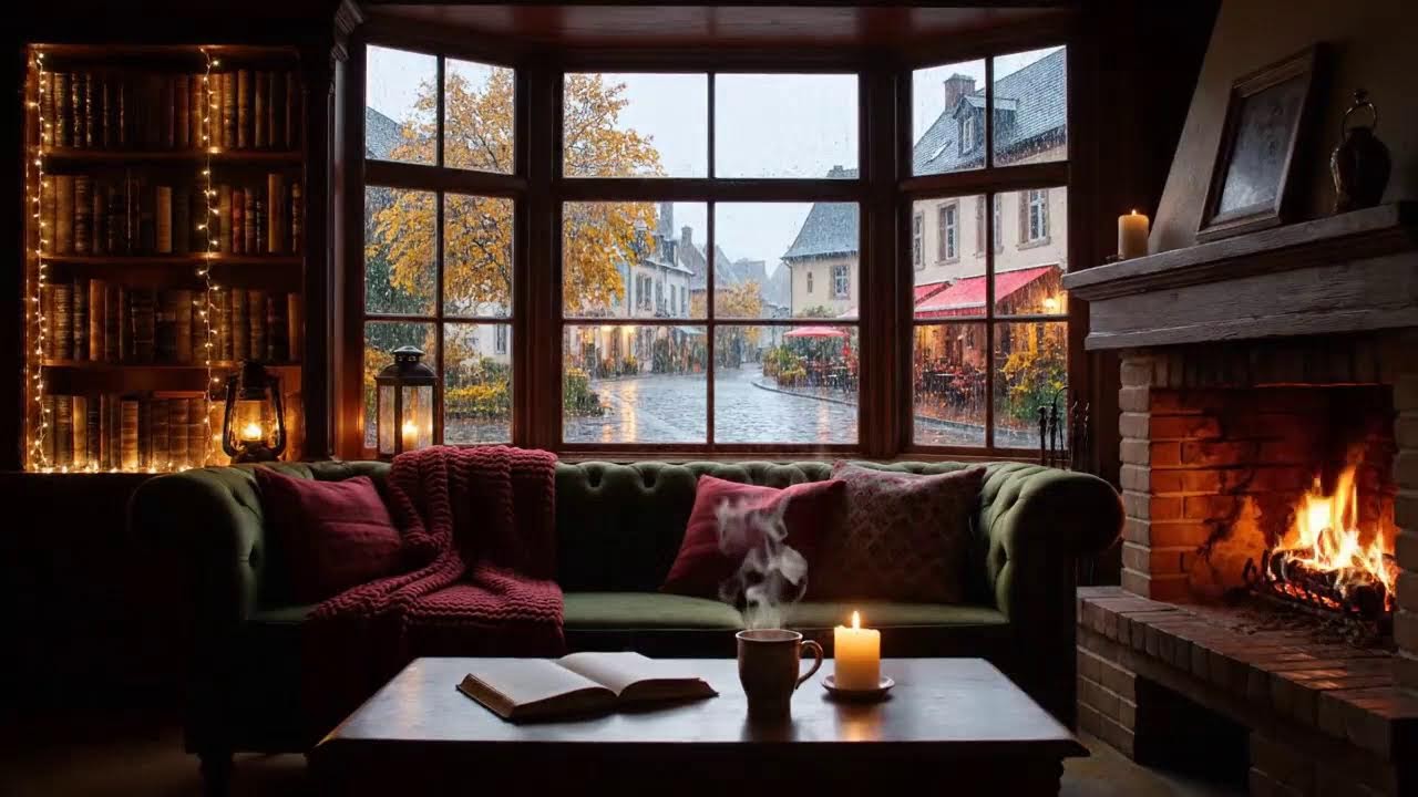 NO ADS Cozy Library 🍂 Relaxing Jazz, Autumn Rain & Fireplace Sounds | Study Ambience #DeepFocus