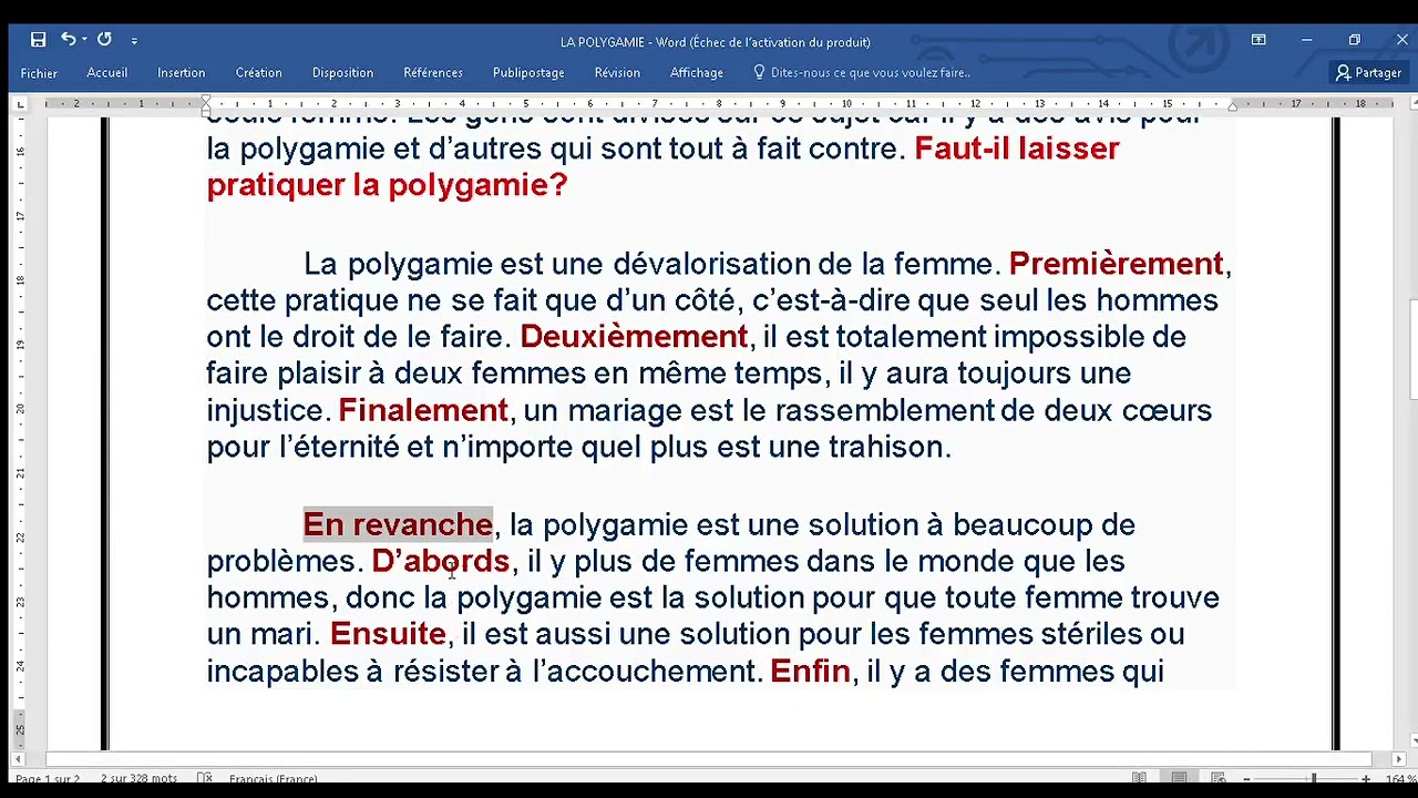 La polygamie Production écrite 1 bac avec un plan dialectique #1bac #regional