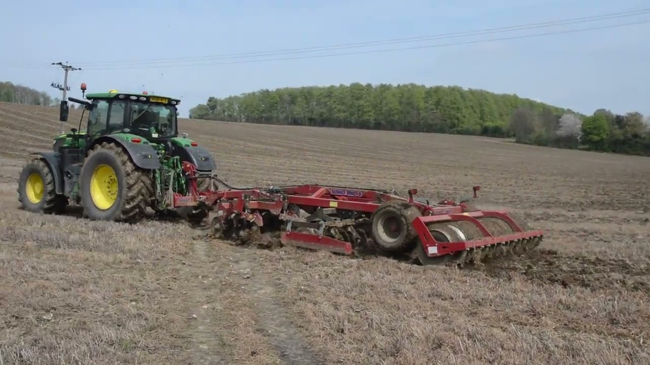 John Deere 6215R Cultivating with Trailed 3m Sumo Trio