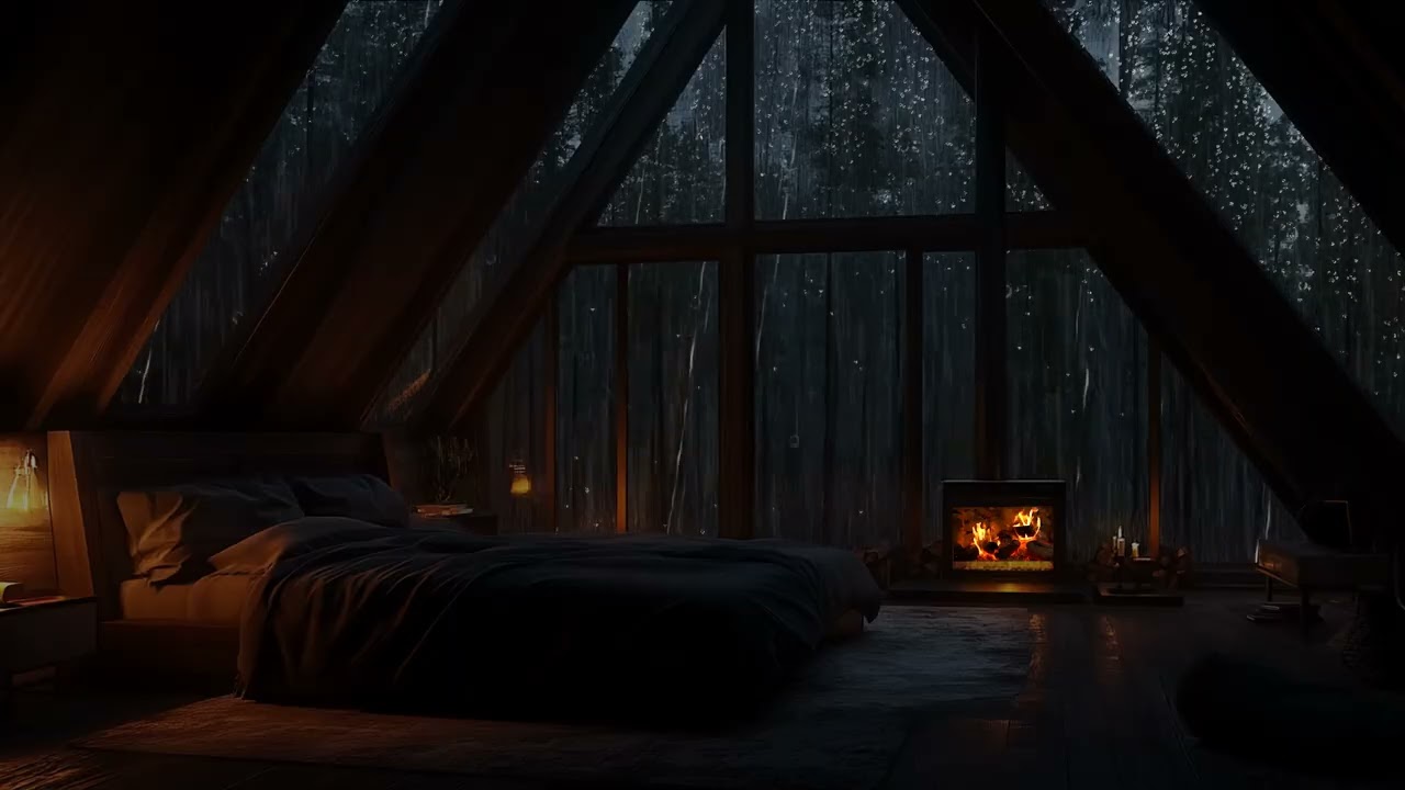Soft Rain Sounds and Fireplace Ambience Inside a Quiet Room | Sounds for Deep Sleep and Relaxation