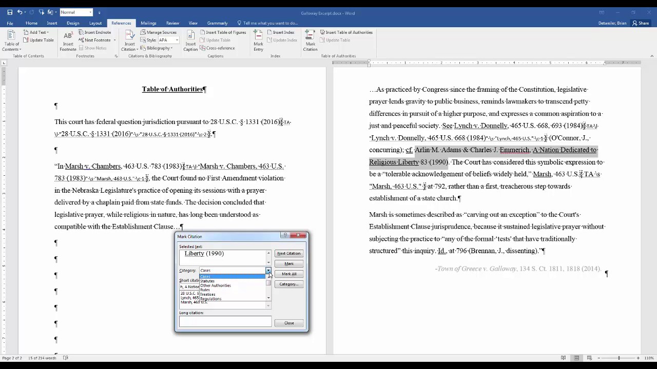 Creating a Table of Authorities in Word 2016 for PC