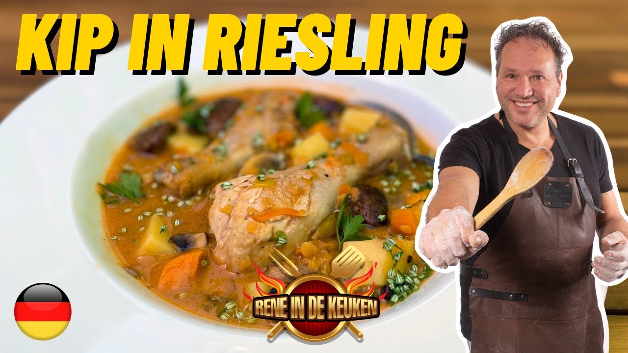 Kip in Riesling wijn. Maak heerlijke Coq au vin op z'n Duits.