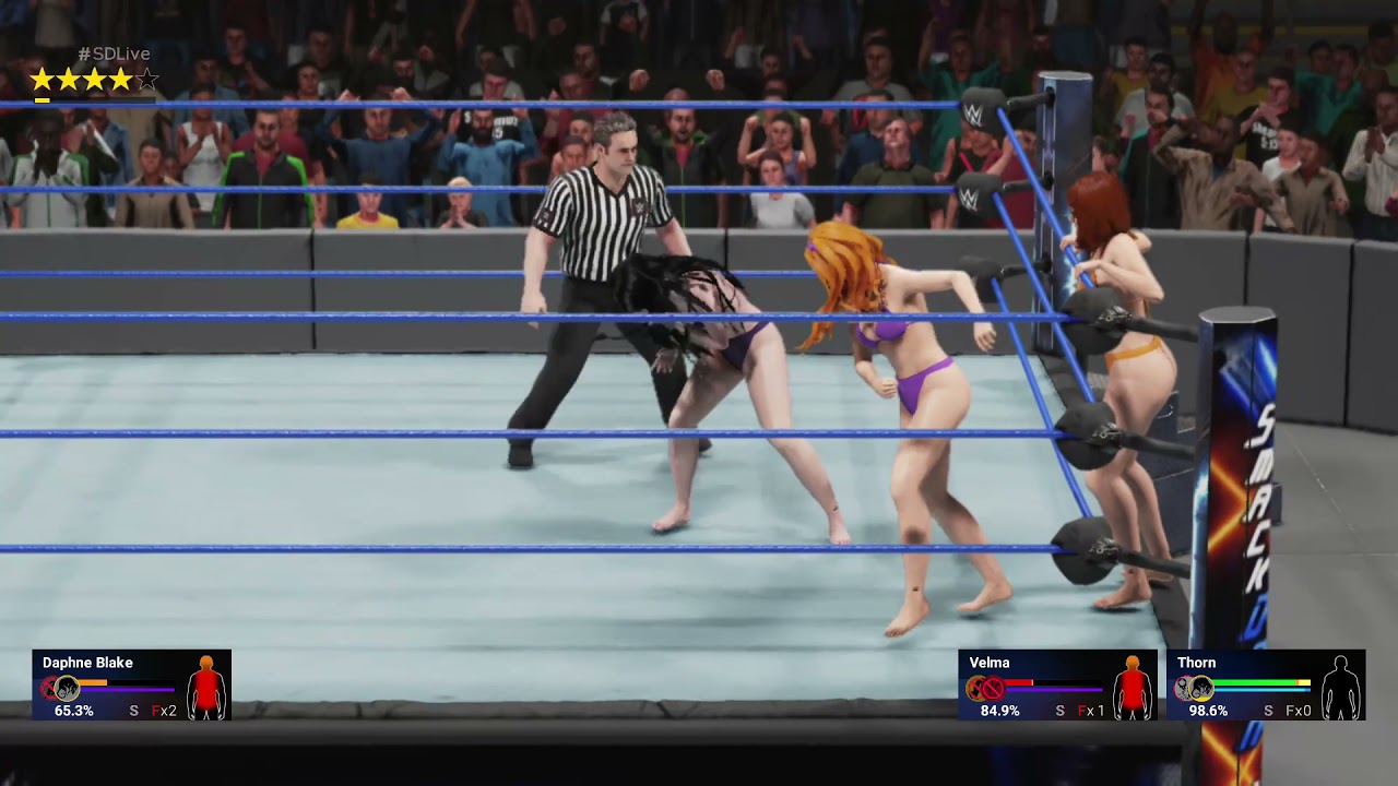 WWE 2K19 Daphne Blake VS Velma and Thorn Bikini Top Thin Thong Handicap Match