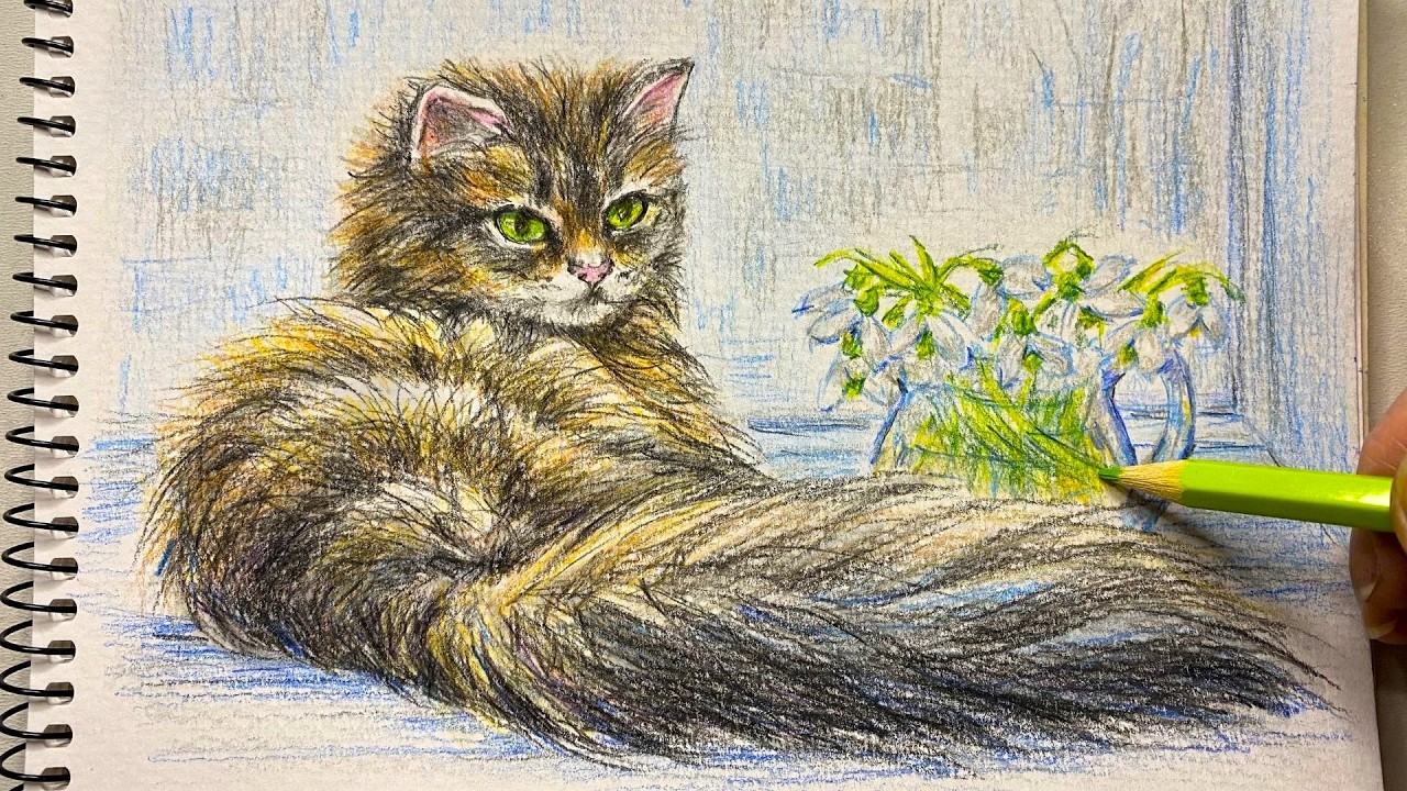 ASMR Colored Pencil Drawing | Kitten with Snowdrops | No Music