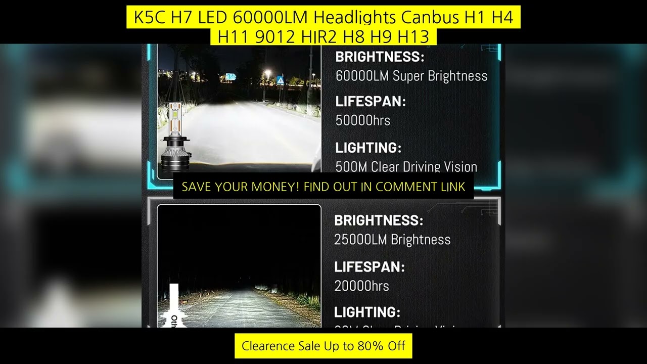 K5C H7 Led 60000Lm Headlights Canbus H1 H4 H11 9012 Hir2 H8 H9 H13 9007 9005