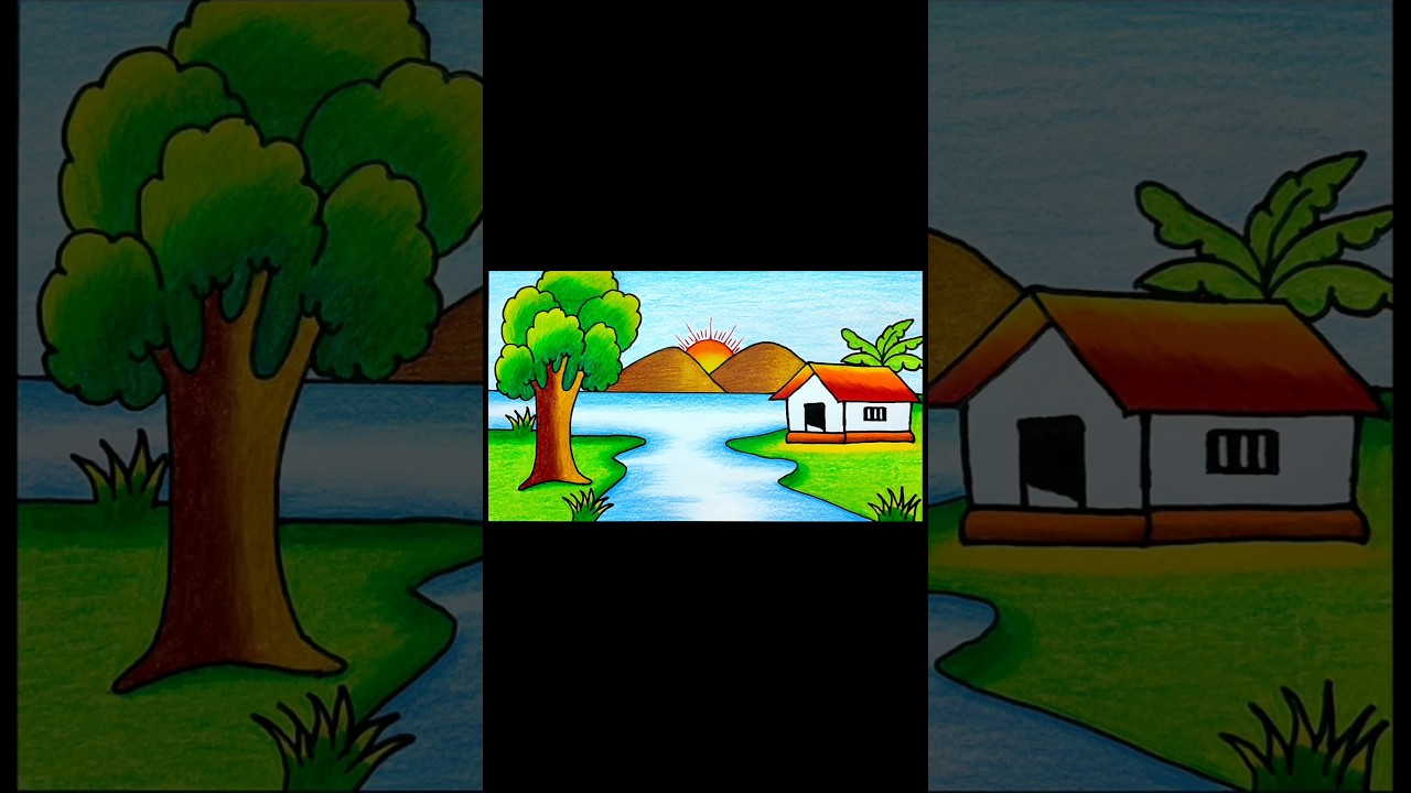 Beautiful nature 🌳🏠 #shorts #drawing #village #scenery #art