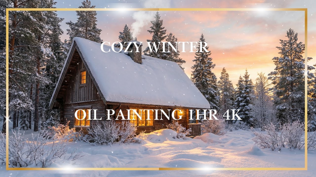 Cozy Winter Wooden Cottage 4K (1HR) – Snowfall, Warm Lights & Forest Sunset | Relaxing TV Art